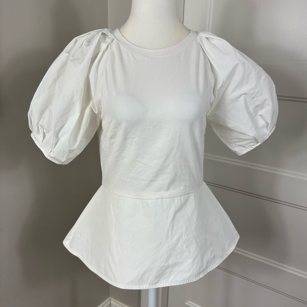 Gracia Statement Sleeve White Peplum Blouse Size‎ S